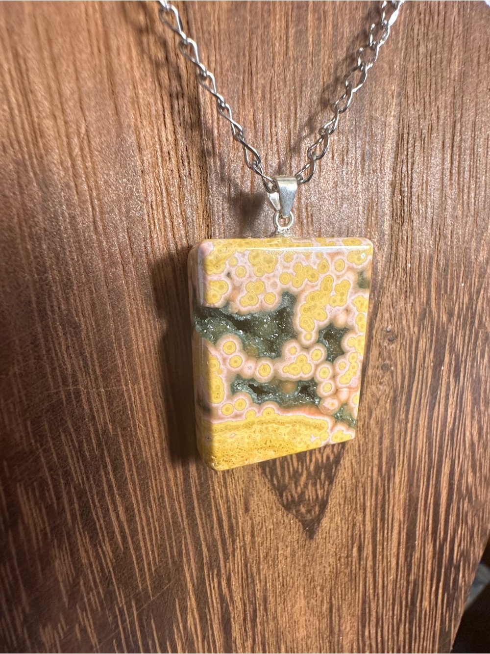 Yellow and Black Druzy Ocean Jasper Pendant Necklace on Stainless Steel Chain - Picture 10 of 16